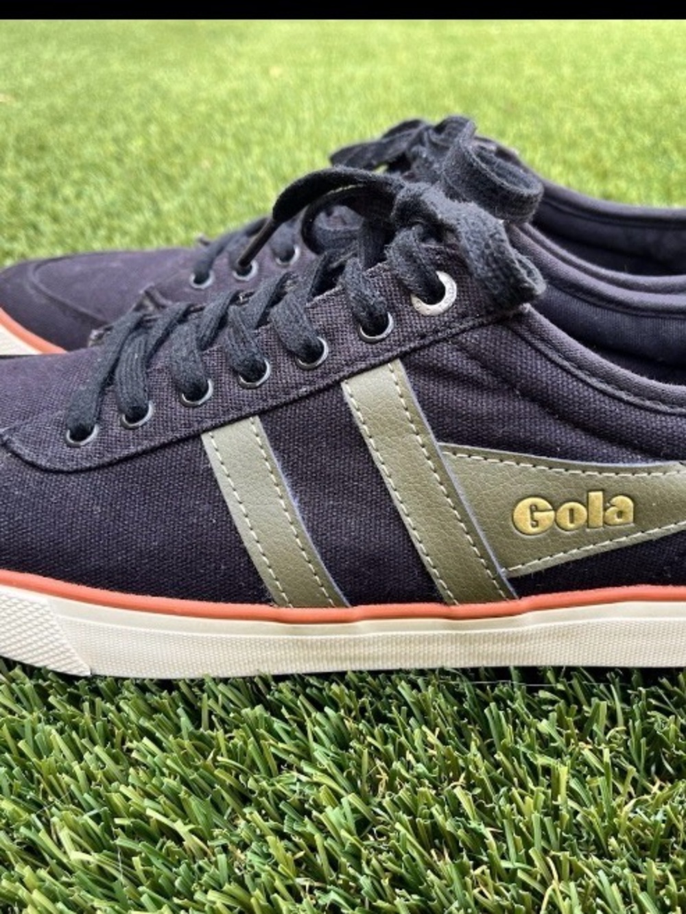 Gola Black Comet Canvas Sneakers with Olive Stripes,  Coral Trim. Mens 11